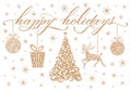 Gold Christmas design: happy holidays lettering, tree, reindeer, Christmas ball, gift, snowflakes. Line ornate drawing.