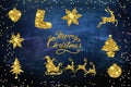 Gold Christmas elements  holiday wishes and star elements on dark blue   copy space glitter background template banner greetings c Royalty Free Stock Photo