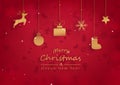 Gold Christmas hanging decoration, greeting card celebration, cute pattern on red background seasonal holiday vector illustration Royalty Free Stock Photo