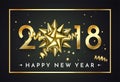 Gold 2018 Christmas or New Year celebration premium black background with gift ribbon bow and gold glittering stars confetti glitt Royalty Free Stock Photo