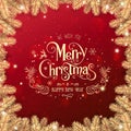 Gold Christmas and New Year Text on red Xmas background with gold fir branches, light, stars, bokeh. Royalty Free Stock Photo