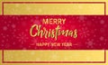 Gold Christmas and New Year Typographical on red Xmas background with winter landscape with snowflakes, light, stars. Merry Royalty Free Stock Photo