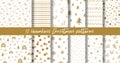 Gold Christmas pattern set. Golden Christmas forest seamless patterns. Snowyflakes, fir branches, lines, strip texture