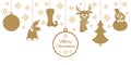 Gold Christmas pendants a bell with holly, ball, fir-tree, a deer in scarf