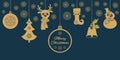 Gold Christmas pendants a bell with holly, ball, fir-tree with snowflakes, a deer in scarf, snowman in a hat, stocking. A border Royalty Free Stock Photo