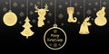 Gold Christmas pendants a bell with holly, ball, fir-tree with snowflakes, a deer in scarf, snowman in a hat, stocking Royalty Free Stock Photo