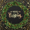 Gold Christmas text on black background with Christmas wreath of tree branches, berries, lights, snowflakes. Royalty Free Stock Photo