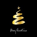 Gold Christmas tree on black background. Merry Christmas greeting card.
