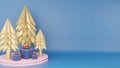 Gold christmas tree and Close classic blue gift box with red ribbon on pink circle podium gold edge. Merry Christmas and Happy New