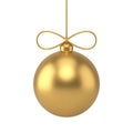 Gold Christmas tree decor sphere bauble hanged on rope with bow 3d realistic vector illustration Royalty Free Stock Photo