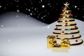 Gold christmas tree gold gift box and gold ribbon with christmas toys on snow feild at night, christmas background
