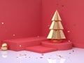 Gold christmas tree Christmas holiday new year concept 3d rendering red scene wall floor corner abstract minimal