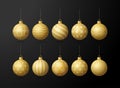 Gold Christmas tree toy oe balls set isolated on a black background. Stocking Christmas decorations. Vector object for xmas design Royalty Free Stock Photo