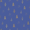 Gold christmas trees on blue background. Vector seamless, repeat pattern. Holiday xmas pattern. Good for background, wrapping and Royalty Free Stock Photo