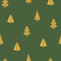 Gold christmas trees on dark green background. Seamless repeat pattern. Perfect for wrapping paper design, background. Royalty Free Stock Photo