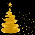 Gold Christmas trees with star and snowfall.Confetti Gold color Christmas tree watercolor illustration isolated on black backgroun