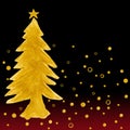 Gold Christmas trees with star and snowfall.Confetti Gold color Christmas tree watercolor illustration on black red background.Des