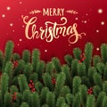 Gold Christmas Typographical on red shiny background with fir branches, berries, lights, stars Royalty Free Stock Photo