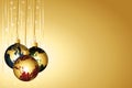 Gold christmas wallpaper with colorful globe baubles. Golden garlands and blank sparkle vector background. Illustration. Royalty Free Stock Photo