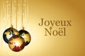 Gold christmas wallpaper with colorful globe baubles. Golden garlands and sparkle vector background. French text Illustration. Royalty Free Stock Photo