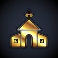 Gold Church building icon isolated on black background. Christian Church. Religion of church. Vector