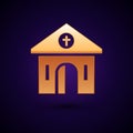 Gold Church building icon isolated on black background. Christian Church. Religion of church. Vector