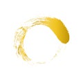 Gold circle brush enso symbol, golden smear circle shape with scribble hand drawn, golden stain on white, paint stripe brush