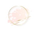 Gold circle frame with pastel nude pink texture and shadow, golden brush strokes isolated on white background. Geometric