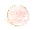 Gold circle frame with pastel nude pink texture and shadow isolated on white background. Geometric round shape border in