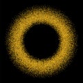 Gold circle glitter frame. Golden confetti dots round on black background. Bright texture pattern for Christmas