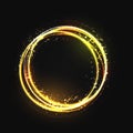 Gold circle light effect with round glowing elements, particles and stars on dark background. Shiny glamour sparkle Royalty Free Stock Photo