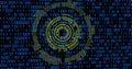 Gold circular interface rotating in data screen, with binary code and geometric interface elements Royalty Free Stock Photo
