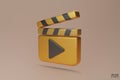 Gold Clapper board icon. Media player icons. Video player icons. Film clapperboard, video movie equipment. 3D Vector