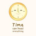 Gold clock cartoon is smiling with time can heal everything word for quote, element