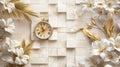Luxury Gold Flowers and Vintage Clock on Textured Marble Background Royalty Free Stock Photo