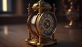 Gold clock on a wooden table 3D rendering steampunk