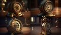 Gold clock on a wooden table 3D rendering steampunk