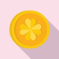 Gold clover coin icon flat vector. Irish golden coin