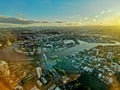 GOLD COAST, AUSTRALIA - APRIL 25, 2021: Aerial panorama view of High-rise building skyscrapers with inland island and Surfer