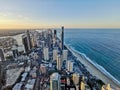 GOLD COAST, AUSTRALIA - APRIL 25, 2021: Aerial panorama view of High-rise building sky scrapers in Surfer Paradise beach city Royalty Free Stock Photo