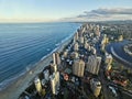 GOLD COAST, AUSTRALIA - APRIL 25, 2021: Aerial panorama view of High-rise building sky scrapers in Surfer Paradise beach city Royalty Free Stock Photo