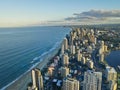 GOLD COAST, AUSTRALIA - APRIL 25, 2021: Aerial panorama view of High-rise building skyscrapers in Surfer Paradise beach city Royalty Free Stock Photo