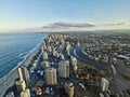 GOLD COAST, AUSTRALIA - APRIL 25, 2021: Aerial panorama view of High-rise building sky scrapers in Surfer Paradise beach city Royalty Free Stock Photo