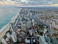 GOLD COAST, AUSTRALIA - APRIL 25, 2021: Aerial panorama view of High-rise building skyscrapers in Surfer Paradise beach city Royalty Free Stock Photo