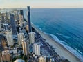 GOLD COAST, AUSTRALIA - APRIL 25, 2021: Aerial panorama view of High-rise building sky scrapers in Surfer Paradise beach and Royalty Free Stock Photo