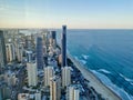 GOLD COAST, AUSTRALIA - APRIL 25, 2021: Aerial panorama view of High-rise building sky scrapers in Surfer Paradise beach and Royalty Free Stock Photo