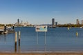 Gold Coast, Queensland Australia - 20 June 2023 : View of the Surfers Paradise skyline from the Southport Spit with sign Royalty Free Stock Photo