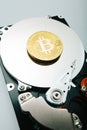 Gold coin bitcoin against the hard disk drive