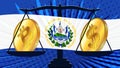 Gold coin of Bitcoin BTC and american dollar USD on scales with El Salvador colored flag on background. Central Bank of El