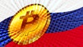 Gold coin of Bitcoin BTC and colored flag of Russia on background. Russian Federation adopts laws on mining and digital assets